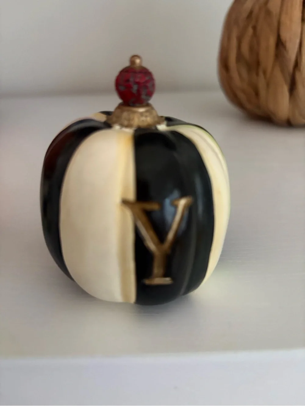Mackenzie Childs spooky pumpkins black white checked striped euc box is included
